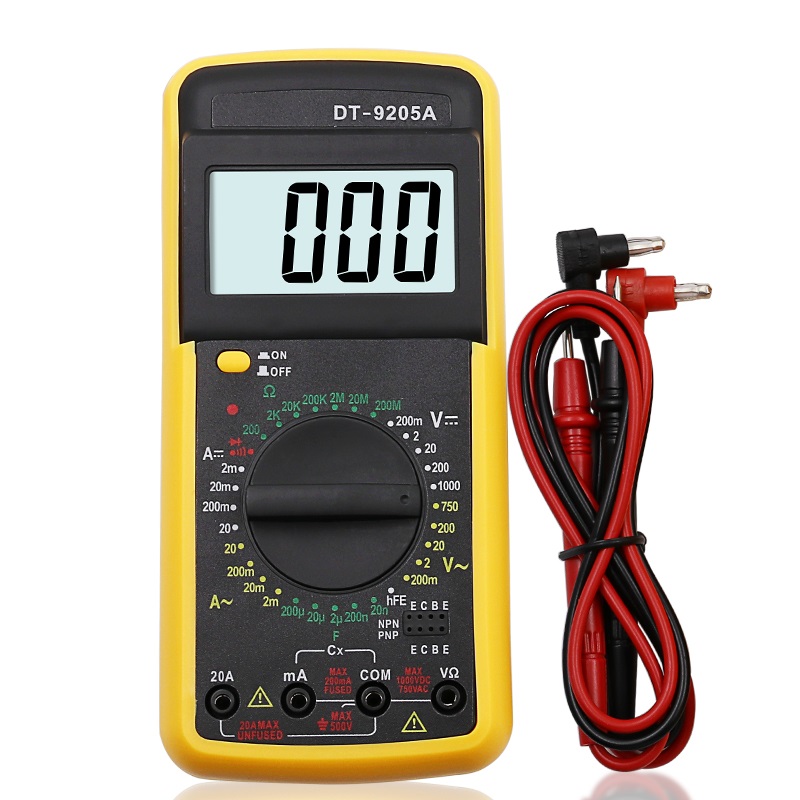 Мультиметр DT9205A - компактный, износостойкий, точный, предназначен для контроля постоянного и переменного напряжения, постоянного тока, сопротивления, емкости, проверки диодов и транзисторов, прозвонка, проверка заряда батарейки, комнатная температура.