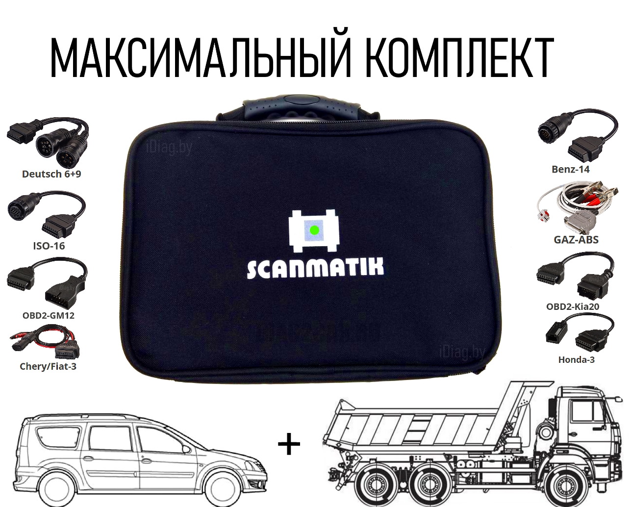 Для Сканматик 2 и 3 - максимальный комплект адаптеров. Scanmatik: Mercedes-14, Adblue SCR-MGS, GAZ Westport XCP, Deutsch 6+9, ISO-16, GM-12, GAZ-12, Bosch GAZ-ABS, Mitsubishi-12, Fiat-3/Chery, Kia-20, Honda-3  