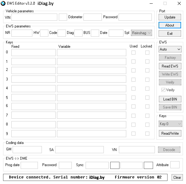 EWS Editor 3.2.0 - работает с системой EWS автомобилей BMW и позволяет производить корректировку пробега, программирование ключей и восстановление блока EWS.